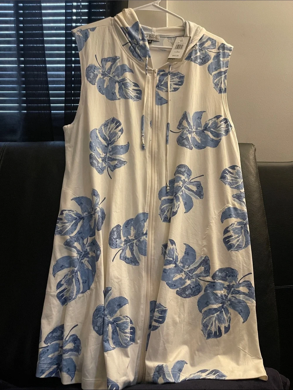 J Valdi Sleeveless Hooded Zip-Front Swimsuit Cover w/ Blue Leaf Print Sz XL NWT